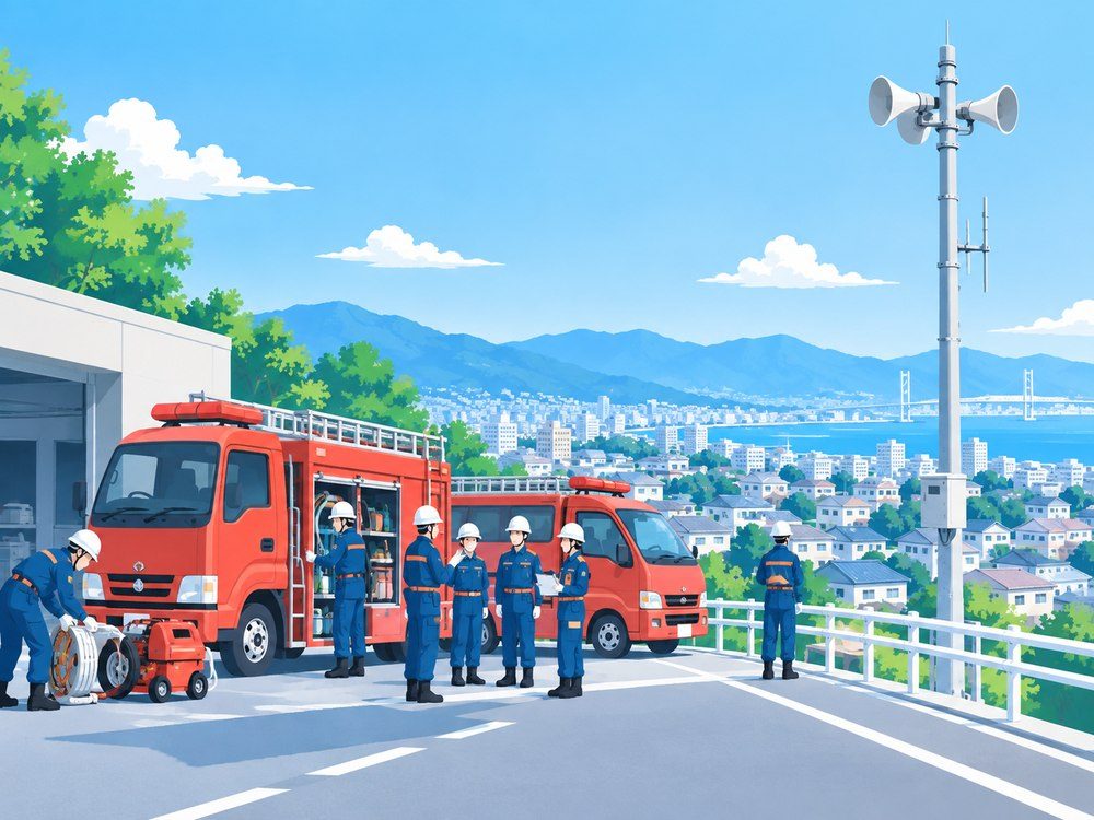 消防車両と防災スピーカーのイメージイラスト